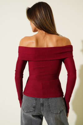 Madonna Yaka Düğmeli Bluz Bordo - Yılın Fırsatı