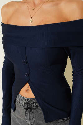 Madonna Yaka Düğmeli Bluz Lacivert - Yılın Fırsatı