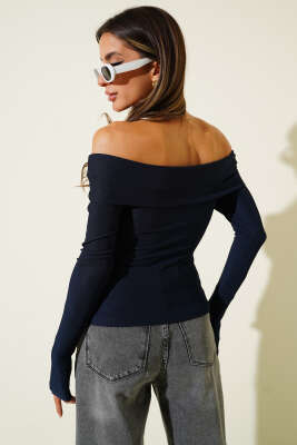 Madonna Yaka Düğmeli Bluz Lacivert - Yılın Fırsatı