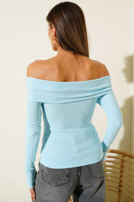 Madonna Yaka Düğmeli Bluz Mavi - Yılın Fırsatı