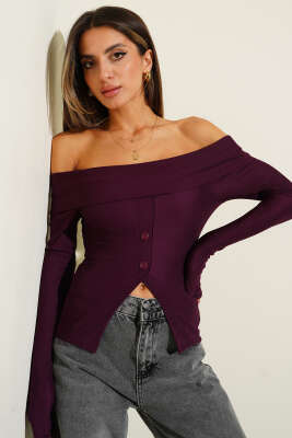 Madonna Yaka Düğmeli Bluz Mürdüm - Yılın Fırsatı