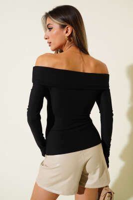 Madonna Yaka Düğmeli Bluz Siyah - Yılın Fırsatı