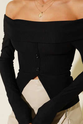 Madonna Yaka Düğmeli Bluz Siyah - Yılın Fırsatı