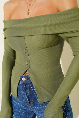 Madonna Yaka Düğmeli Bluz Yeşil - Yılın Fırsatı