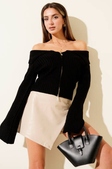 Madonna Yaka Fermuarlı Hırka Siyah - Kadın Giyim Modelleri