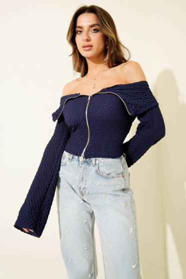 Madonna Yaka Gofre Bluz Lacivert - Kadın Giyim Modelleri