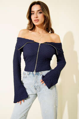 Madonna Yaka Gofre Bluz Lacivert - Kadın Giyim Modelleri