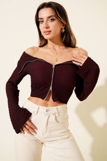 Madonna Yaka Gofre Bluz Mürdüm - Kadın Giyim Modelleri