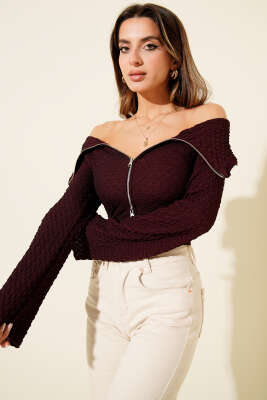 Madonna Yaka Gofre Bluz Mürdüm - Kadın Giyim Modelleri