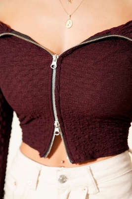 Madonna Yaka Gofre Bluz Mürdüm - Kadın Giyim Modelleri