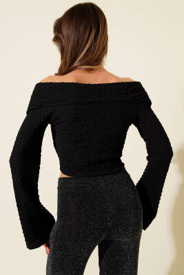 Madonna Yaka Gofre Bluz Siyah - Kadın Giyim Modelleri