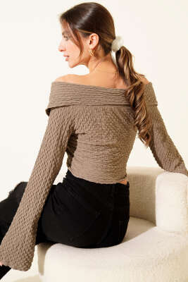 Madonna Yaka Gofre Bluz Vizon - Kadın Giyim Modelleri