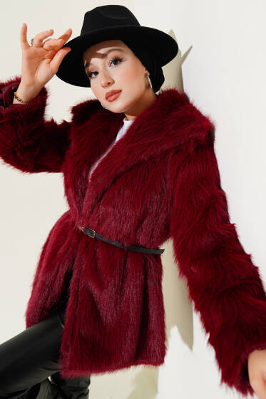 Madonna Yaka Kemerli Kürk Mont Bordo - Mont
