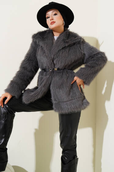 Madonna Yaka Kemerli Kürk Mont Füme - Mont