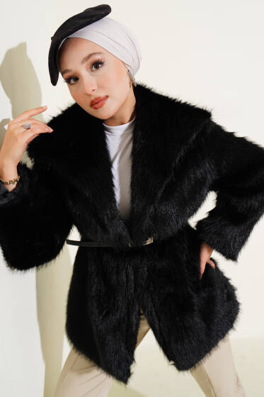 Madonna Yaka Kemerli Kürk Mont Siyah - Mont