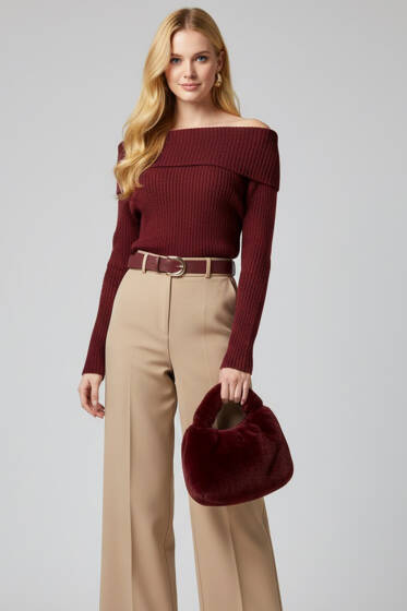 Madonna Yaka Triko Kazak Bordo - Kadın Giyim Modelleri