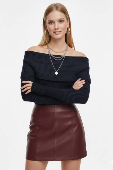 Madonna Yaka Triko Kazak Lacivert - Kadın Giyim Modelleri