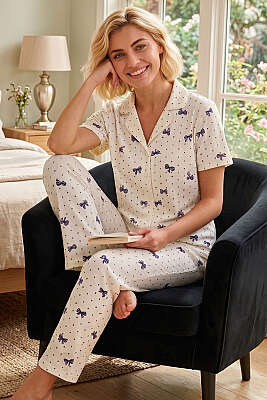 Kurdele Baskılı Kısa Kollu Pijama Takımı Lacivert - MANOLYA