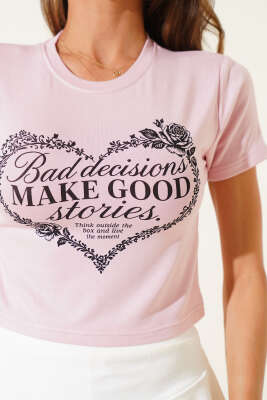 Make Good Baskılı Crop Pudra - Kadın Giyim Modelleri