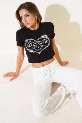 Make Good Baskılı Crop Siyah - Kadın Giyim Modelleri