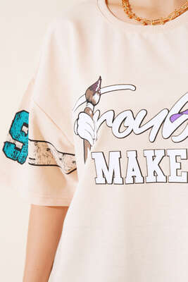 Maker Baskılı Oversize T-shirt Bej - Yeni Giyim