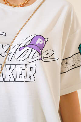 Maker Baskılı Oversize T-shirt Beyaz - Thumbnail