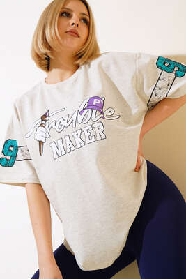 Maker Baskılı Oversize T-shirt Ekru 