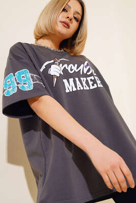 Maker Baskılı Oversize T-shirt Füme 