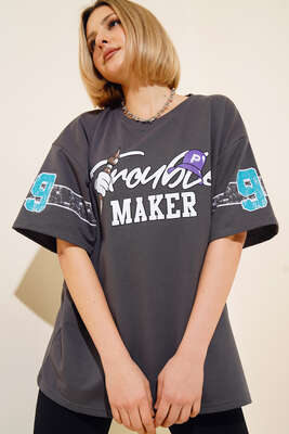 Maker Baskılı Oversize T-shirt Füme - Yeni Giyim