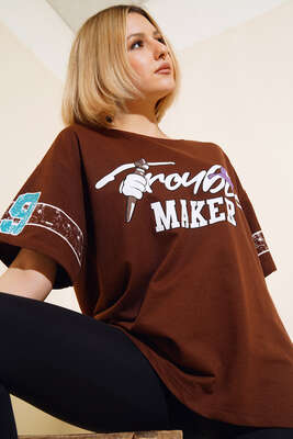 Maker Baskılı Oversize T-shirt Kahve 