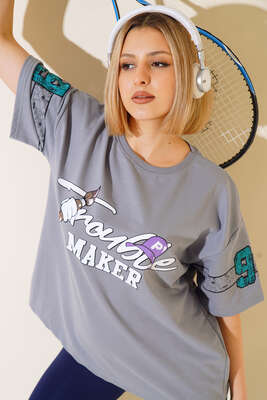 Maker Baskılı Oversize T-shirt Kayrak Grisi 