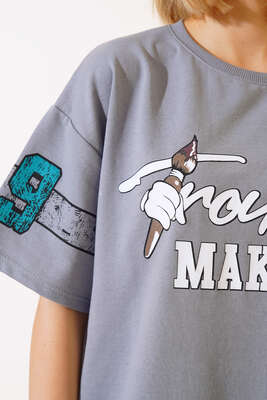 Maker Baskılı Oversize T-shirt Kayrak Grisi - Yeni Giyim