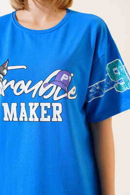 Maker Baskılı Oversize T-shirt Saks - Yeni Giyim