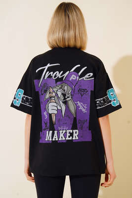 Maker Baskılı Oversize T-shirt Siyah - Thumbnail