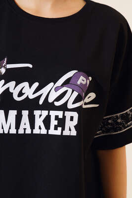 Maker Baskılı Oversize T-shirt Siyah - Thumbnail