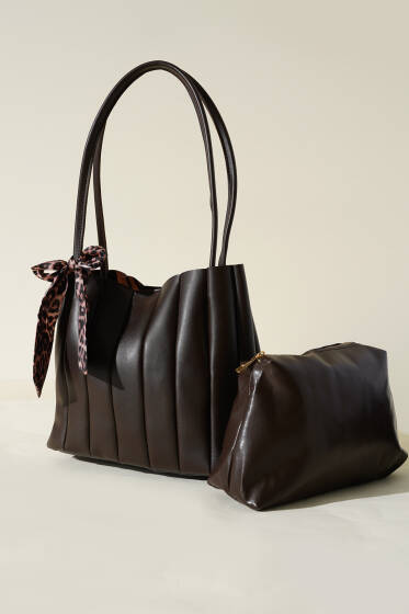 Makyaj Çantalı Fularlı Çanta Acı Kahve - Kol Çantası