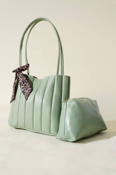 Makyaj Çantalı Fularlı Çanta Çağla Yeşili - Kol Çantası