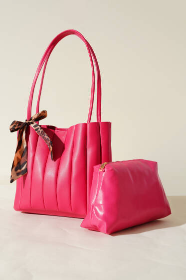 Makyaj Çantalı Fularlı Çanta Fuşya - Kol Çantası