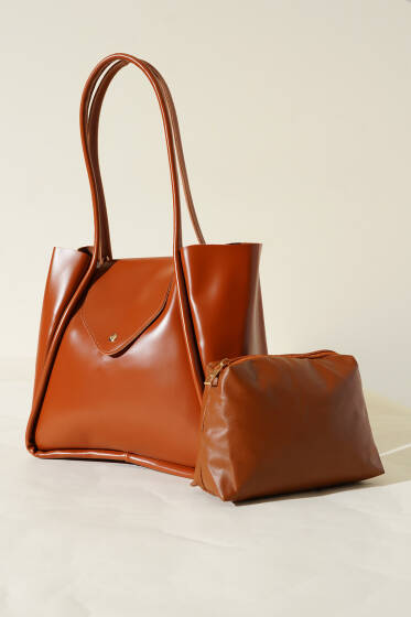 Makyaj Çantalı Mıknatıs Kapaklı Çanta Taba - Kol Çantası