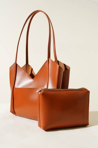 Makyaj Çantalı Mıknatıslı Çanta Taba - Kol Çantası