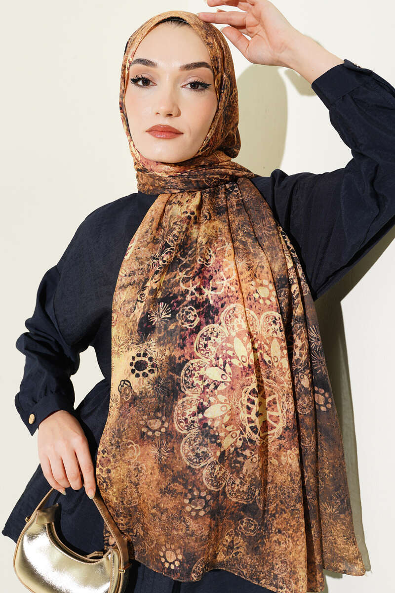 Mandala Desen Bambu Kraş Şal Hardal