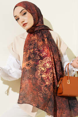 Mandala Desen Bambu Kraş Şal Kiremit - MODA KAŞMİR