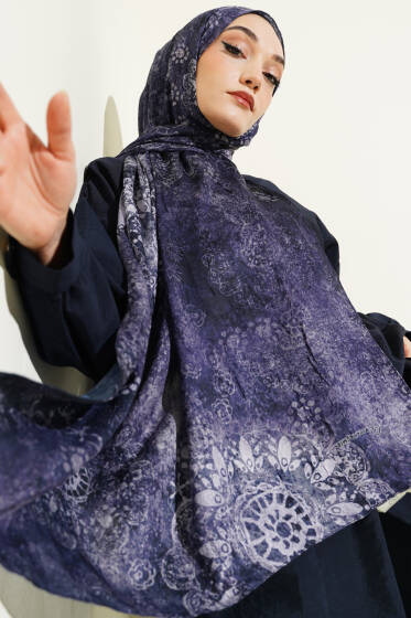 Mandala Desen Bambu Kraş Şal Lacivert - Başörtüsü