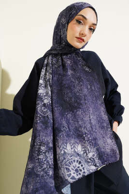 Mandala Desen Bambu Kraş Şal Lacivert - Başörtüsü