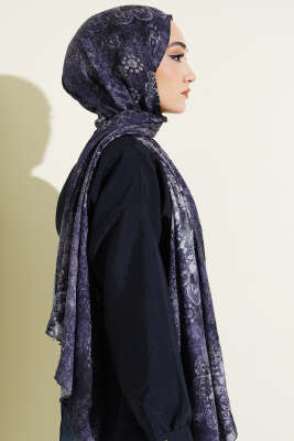 Mandala Desen Bambu Kraş Şal Lacivert - Başörtüsü