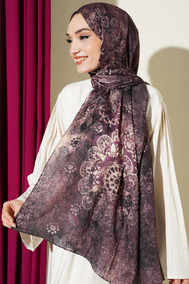 Mandala Desen Bambu Kraş Şal Mürdüm - Başörtüsü
