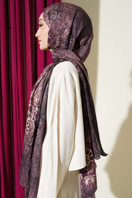 Mandala Desen Bambu Kraş Şal Mürdüm - Başörtüsü