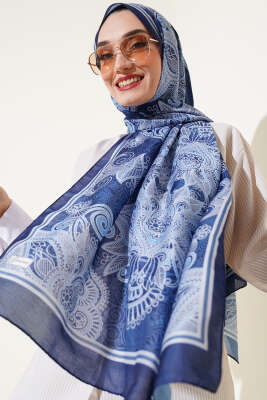 Mandala Motif Soft Şal Lacivert - Başörtüsü