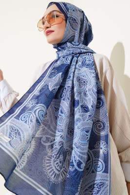 Mandala Motif Soft Şal Lacivert 