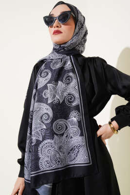 Mandala Motif Soft Şal Siyah - Başörtüsü